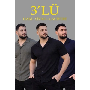 Erkek Waffle Kumaş Yakalı Kısa Kol Düğmeli Gömlek 3’lü Set Siyah-Haki-Lacivert