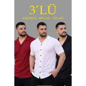 Erkek Waffle Kumaş Yakalı Kısa Kol Düğmeli Gömlek 3’lü Set Siyah-Kırmızı-Beyaz