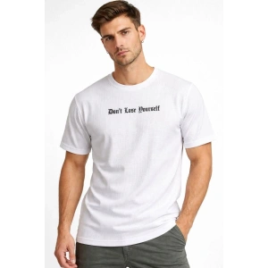 Erkek Wafıl Kumaş Tişört Regular Kalıp Bisiklet Yaka Baskılı T-Shirt - Beyaz