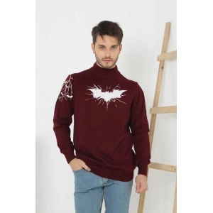 Erkek Yarım Bağazlı Kazak Baskılı Dokuma Triko - Bordo