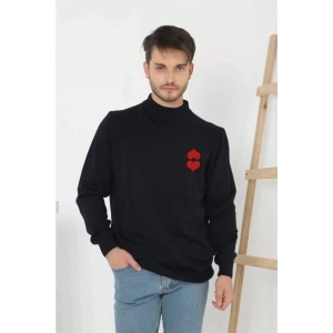 Erkek Yarım Bağazlı Kazak Baskılı Dokuma Triko - Lacivert