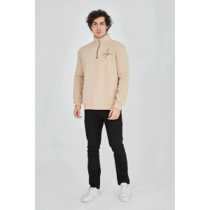 Erkek Yarım Fermuarlı Baskılı 3 iplik pamuklu sweatshirt - Bej
