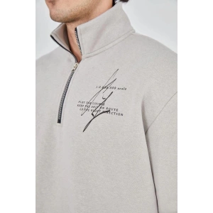 Erkek Yarım Fermuarlı Baskılı 3 iplik pamuklu sweatshirt - Boyalı Gri