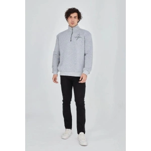 Erkek Yarım Fermuarlı Baskılı 3 iplik pamuklu sweatshirt - Gri