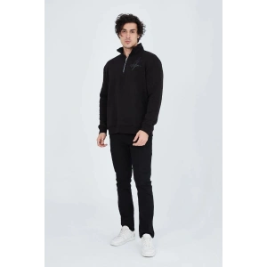 Erkek Yarım Fermuarlı Baskılı 3  iplik pamuklu sweatshirt - Siyah