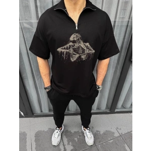 Erkek Yarım Fermuarlı Baskılı Oversize T-Shirt - Siyah