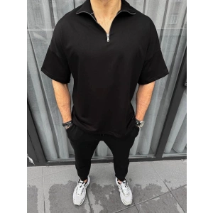 Erkek Yarım Fermuarlı Kısa kol T-Shirt - Siyah