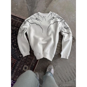 Erkek Yıldırım Baskılı Bisiklet Yaka 3 iplik pamuklu SweatShirt - Beyaz