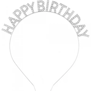 Gümüş Kristal Taşlı Happy Birthday Tacı