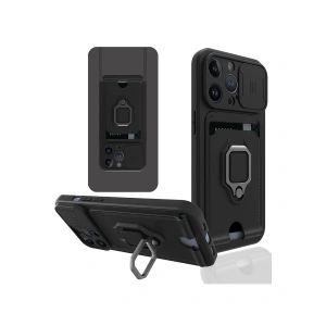 İphone 14 Pro Kılıf Zuma Kartvizitli Yüzüklü Silikon - Siyah