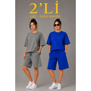 Kadın 2’li Oversize Tişört Şort Takım Seti Yazlık İki İplik Kumaş - Gri, Saks Mavisi