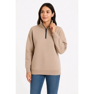 Kadın 3 İplik Dık Yaka Yarım Fermuarlı SweatShirt - Bej