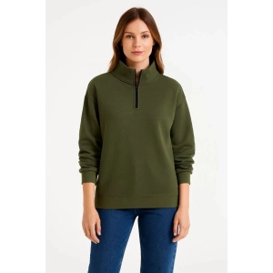 Kadın 3 iplik Dık Yaka Yarım Fermuarlı SweatShirt - Haki