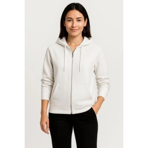 Kadın 3 İplik Kapüşonlu Tam Fermuarlı Kanguru Cepli Sweatshirt Hoodie - Beyaz