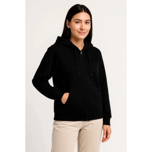 Kadın 3 İplik Kapüşonlu Tam Fermuarlı Kanguru Cepli Sweatshirt Hoodie - Siyah