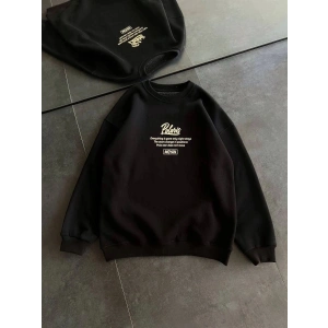 Kadın 3 iplik Pamuklu Bisiklet Yaka Baskılı SweatShirt - Siyah