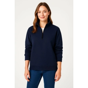 Kadın 3 İplik Pamuklu Dık Yaka Yarım Fermuarlı SweatShirt - Lacivert