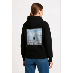 Kadın 3 İplik Pamuklu Kapüşonlu Hoodie Sweatshirt Survivor Penguen Baskılı - Siyah