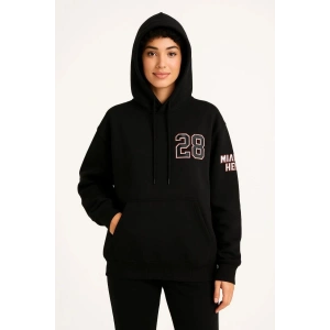 Kadın 3 İplik Pamuklu Kapüşonlu Kanguru Cepli Baskılı Hoodie Sweatshirt - Siyah
