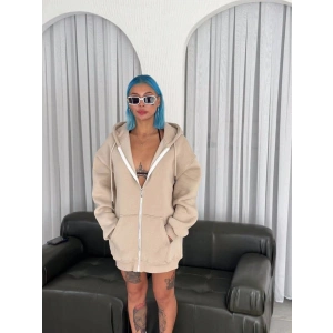Kadın 3 İplik Pamuklu Kapüşonlu Kanguru Cepli Baskılı Oversize Hoodie Sweatshirt - Bej