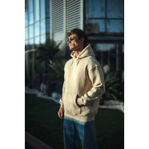 Kadın 3 İplik Pamuklu Kapüşonlu Kanguru Cepli Oversize Hoodie Sweatshirt - Bej