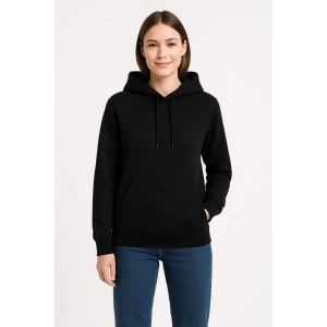 Kadın 3 İplik Pamuklu Kapüşonlu Kanguru Cepli Sweatshirt hoodie - Siyah