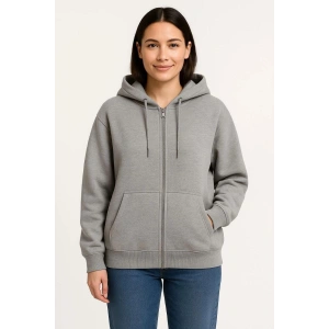 Kadın 3 İplik Pamuklu Kapüşonlu Tam Fermuarlı Kanguru Cepli Sweatshirt Hoodie - Gri