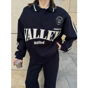 Kadın 3 İplik Pamuklu Yakalı Sweat Baggy Pantolonlu Alt-Üst Takım - Siyah