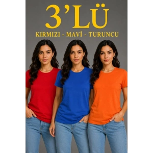 Kadın 3’lü Kısa Kollu Bisiklet Yaka Basic Slim Fit T-Shirt - Kırmızı - Mavi - Turuncu