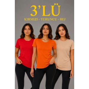 Kadın 3’lü Kısa Kollu Bisiklet Yaka Basic Slim Fit T-Shirt - Kırmızı - Turuncu - Bej