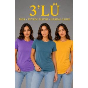 Kadın 3’lü Kısa Kollu Bisiklet Yaka Basic Slim Fit T-Shirt - Mor - Petrol Mavisi - Hardal