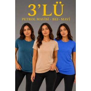 Kadın 3’lü Kısa Kollu Bisiklet Yaka Basic Slim Fit T-Shirt -Petrol Mavisi  - Bej - Mavi