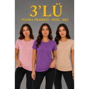 Kadın 3’lü Kısa Kollu Bisiklet Yaka Basic Slim Fit T-Shirt - Pudra Pembe - Mor - Bej