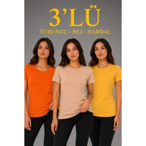 Kadın 3’lü Kısa Kollu Bisiklet Yaka Basic Slim Fit T-Shirt - Turuncu - Bej - Hardal