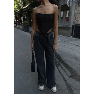 Kadın Arkadan Yırtmaçlı Jeans Kot Palazzo Pantolon - Siyah