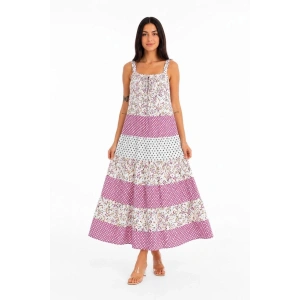 Kadın Askılı Çiçek Desenli Keten Kumaş Kat Kat Salaş Maxi Elbise - Pembe