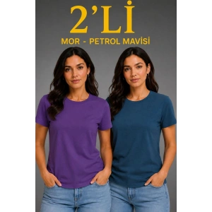Kadın Basic Bisiklet Yaka Yazlık Slim fit T-Shirt - Mor & Petrol Mavisi
