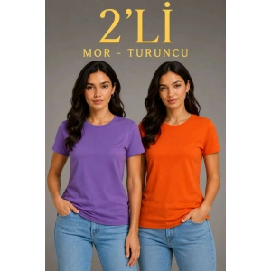 Kadın Basic Bisiklet Yaka Yazlık Slim fit T-Shirt - Mor  & Turuncu