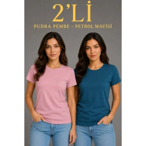 Kadın Basic Bisiklet Yaka Yazlık Slim fit T-Shirt - Pudra Pembe & Petrol Mavi