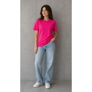 Kadın Basic Pamuklu Tişört Bisiklet Yaka Düz Renk Relaxed Fit T-Shirt - Fuşya