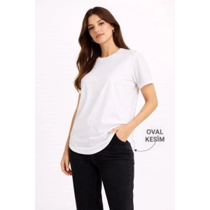 Kadın Basic T-Shirt Kısa Kol Bisiklet Yaka Oval Kesim Tişört - Beyaz