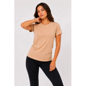 Kadın Basic Tişört Bisiklet Yaka Kısa Kol Günlük Yazlık Slim fit T-Shirt - Bej
