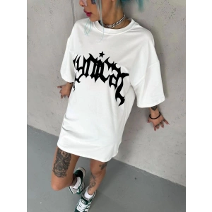 Kadın Baskıkı Bisiklet Yaka T-Shirt - Beyaz