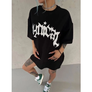 Kadın Baskılı Bisiklet Yaka T-Shirt - Siyah