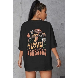 Kadın Baskılı Oversize kısa kol T-Shirt - Siyah