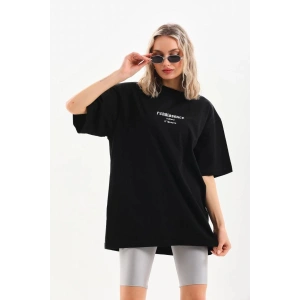 Kadın Baskılı Oversize Kısa kol  T-Shirt - Siyah