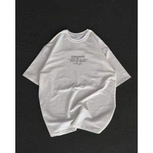 Kadın Baskılı T-Shirt Kısa Kol Bisiklet Yaka Oversize Rahat Kalıp Günlük Tişört   - Beyaz