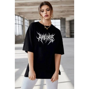 Kadın Baskılı T-Shirt Kısa Kol Bisiklet Yaka Oversize Rahat Kalıp Günlük Tişört   - Siyah