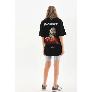 Kadın Baskılı T-Shirt Kısa Kol Bisiklet Yaka Oversize Rahat Kalıp Günlük Tişört - Siyah