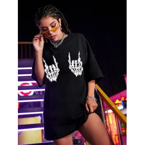 Kadın Baskılı T-Shirt Kısa Kol Bisiklet Yaka Oversize Rahat Kalıp Tişört - Siyah